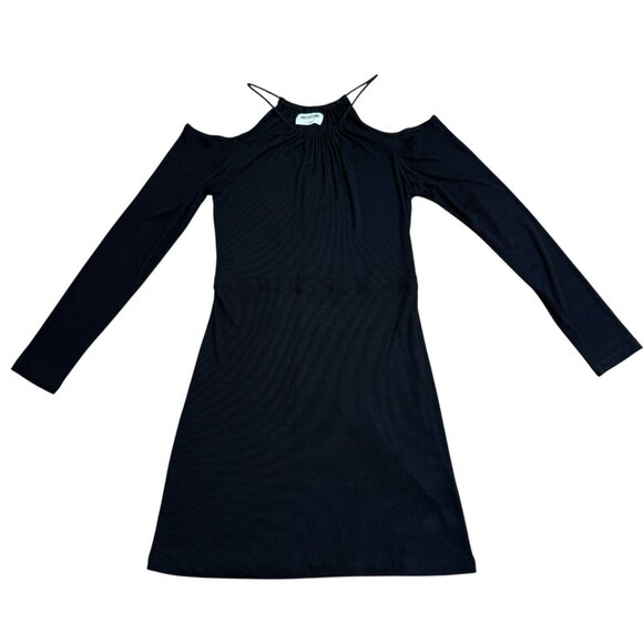 LNA CLOTHING BLACK DRESS HALTER COLD SHOULDER LONG SLEEVE RIBBED MINI SIZE L - Picture 1 of 6